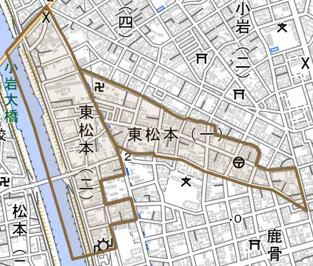 東松本とその周辺の地図。町の範囲を重ねている