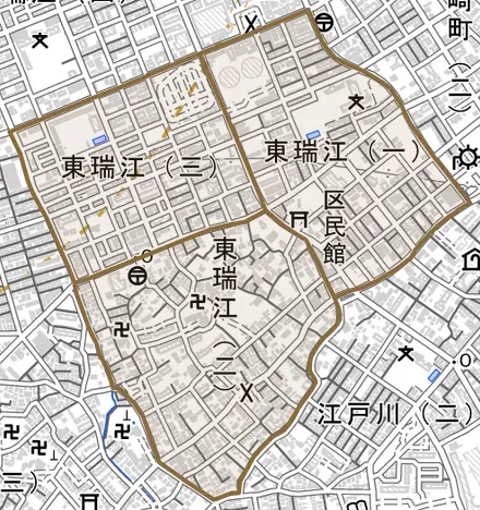 東瑞江とその周辺の地図。町の範囲を重ねている