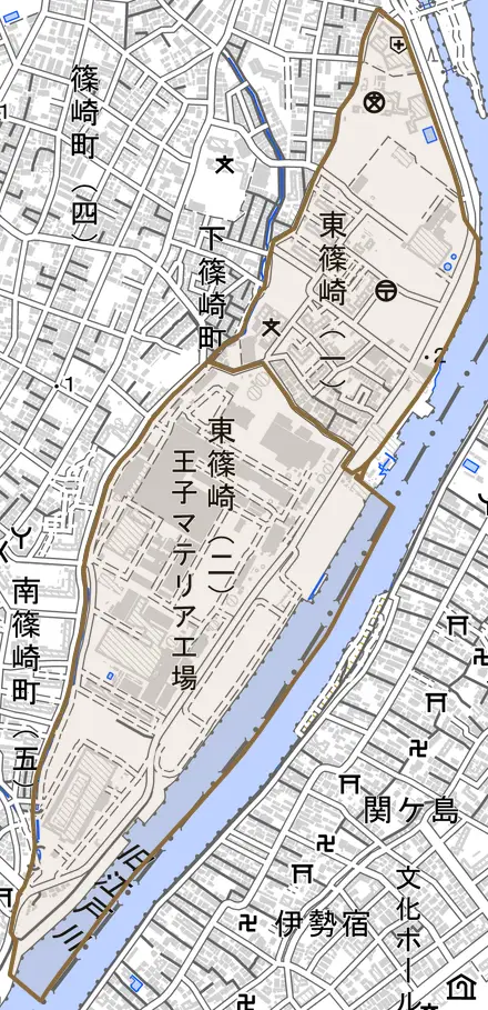 東篠崎とその周辺の地図。町の範囲を重ねている