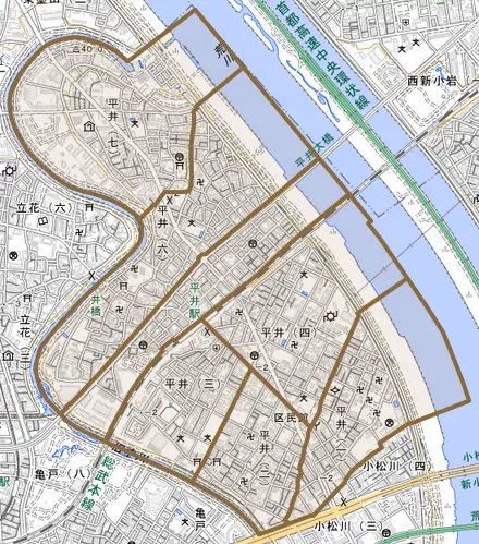 平井とその周辺の地図。町の範囲を重ねている