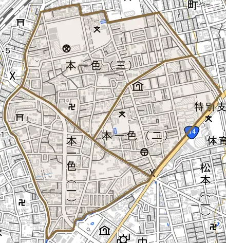 本一色とその周辺の地図。町の範囲を重ねている