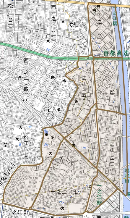 一之江とその周辺の地図。町の範囲を重ねている