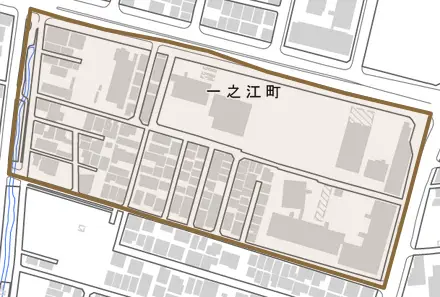一之江町とその周辺の地図。町の範囲を重ねている