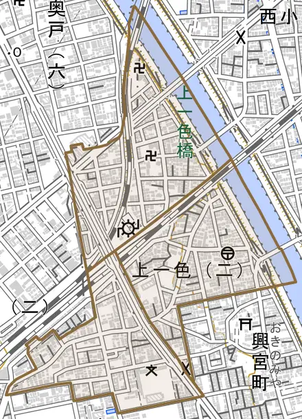 上一色とその周辺の地図。町の範囲を重ねている