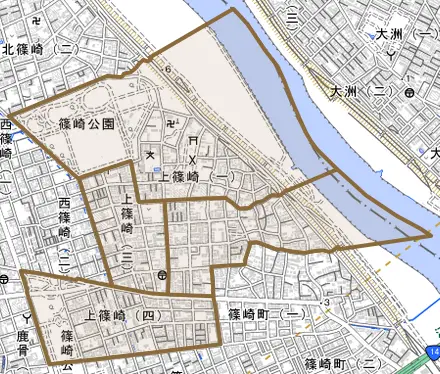 上篠崎とその周辺の地図。町の範囲を重ねている