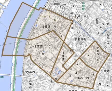 北葛西とその周辺の地図。町の範囲を重ねている