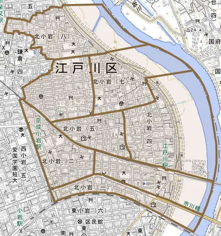 北小岩とその周辺の地図。町の範囲を重ねている