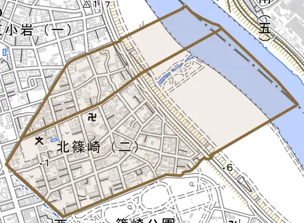 北篠崎とその周辺の地図。町の範囲を重ねている