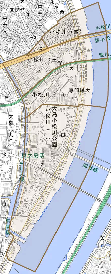 小松川とその周辺の地図。町の範囲を重ねている