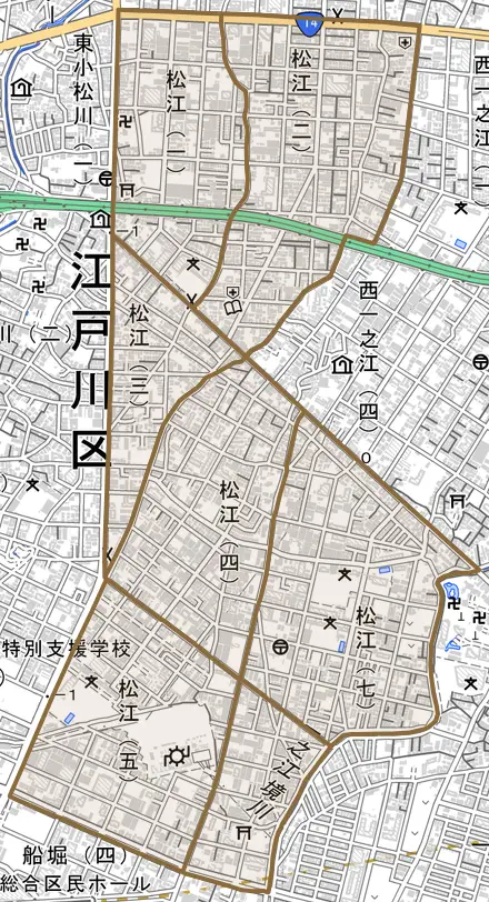 松江とその周辺の地図。町の範囲を重ねている