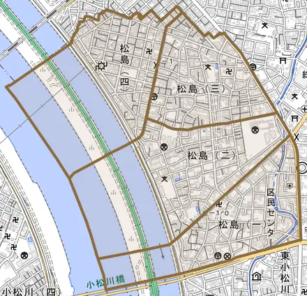 松島とその周辺の地図。町の範囲を重ねている