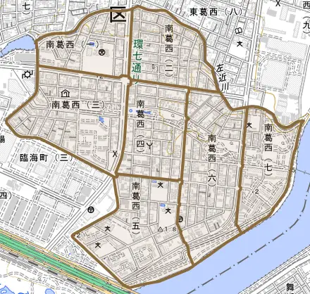 南葛西とその周辺の地図。町の範囲を重ねている