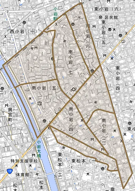 南小岩とその周辺の地図。町の範囲を重ねている