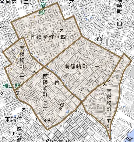 南篠崎町とその周辺の地図。町の範囲を重ねている