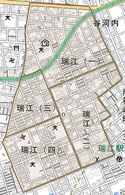 瑞江とその周辺の地図。町の範囲を重ねている