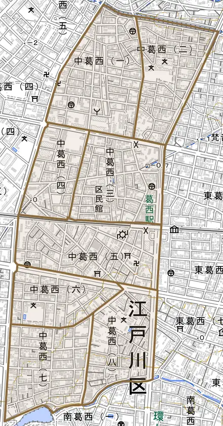 中葛西とその周辺の地図。町の範囲を重ねている