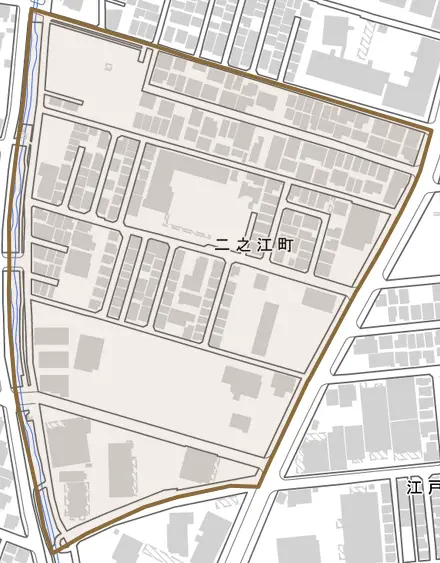 二之江町とその周辺の地図。町の範囲を重ねている