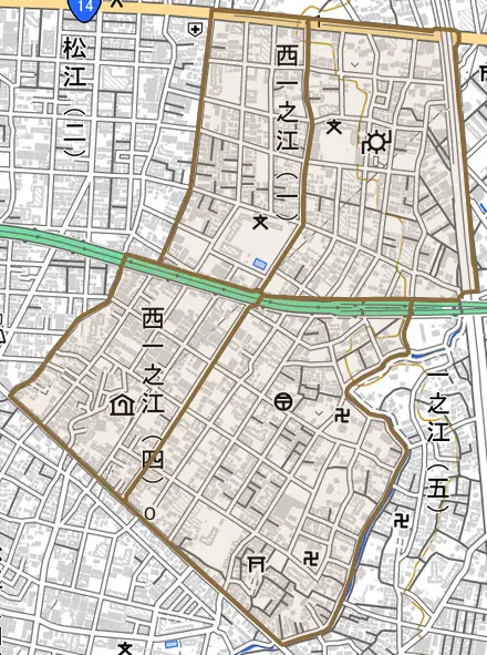 西一之江とその周辺の地図。町の範囲を重ねている