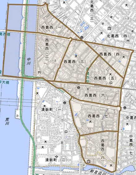 西葛西とその周辺の地図。町の範囲を重ねている