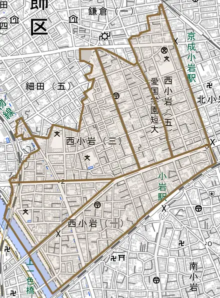 西小岩とその周辺の地図。町の範囲を重ねている