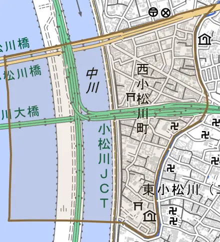 西小松川町とその周辺の地図。町の範囲を重ねている