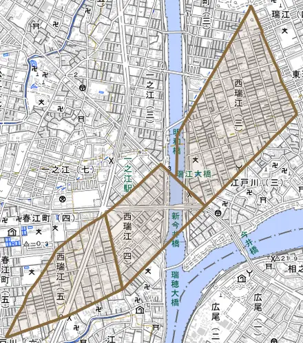 西瑞江とその周辺の地図。町の範囲を重ねている