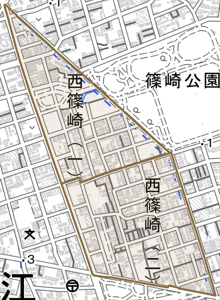 西篠崎とその周辺の地図。町の範囲を重ねている