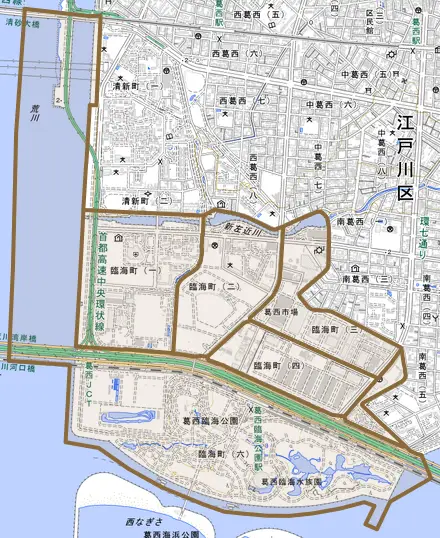 臨海町とその周辺の地図。町の範囲を重ねている