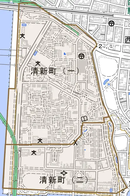 清新町とその周辺の地図。町の範囲を重ねている