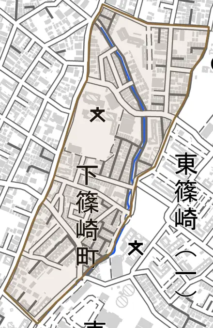 下篠崎町とその周辺の地図。町の範囲を重ねている