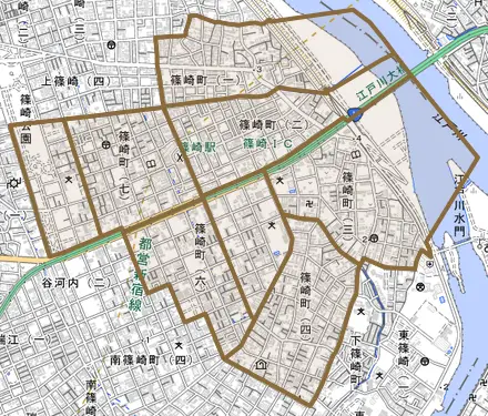 篠崎町とその周辺の地図。町の範囲を重ねている