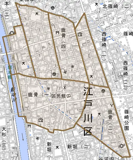 鹿骨とその周辺の地図。町の範囲を重ねている
