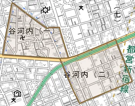 谷河内とその周辺の地図。町の範囲を重ねている