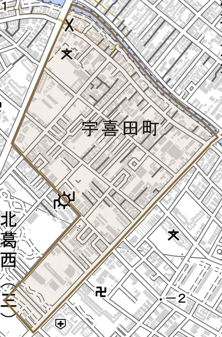 宇喜田町とその周辺の地図。町の範囲を重ねている