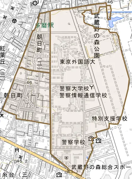 朝日町とその周辺の地図。町の範囲を重ねている