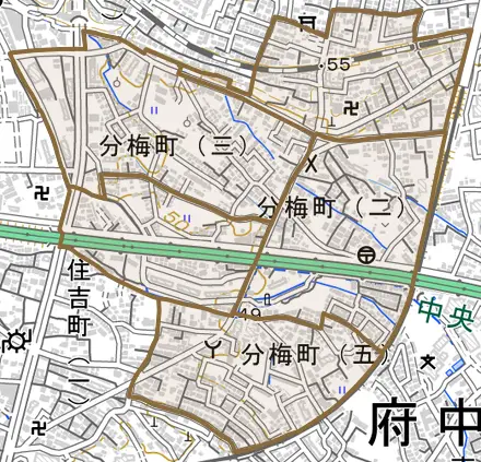 分梅町とその周辺の地図。町の範囲を重ねている