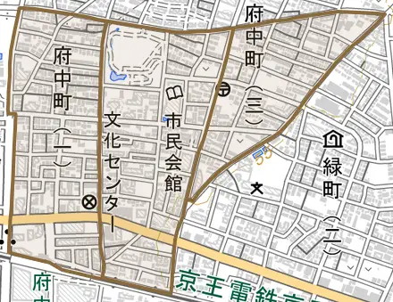 府中町とその周辺の地図。町の範囲を重ねている