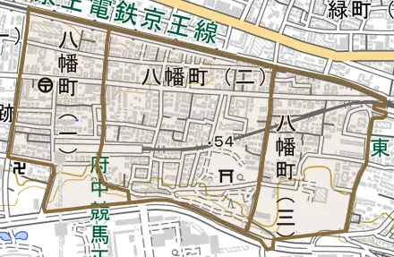 八幡町とその周辺の地図。町の範囲を重ねている