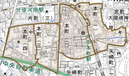 本町とその周辺の地図。町の範囲を重ねている