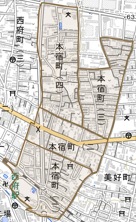 本宿町とその周辺の地図。町の範囲を重ねている