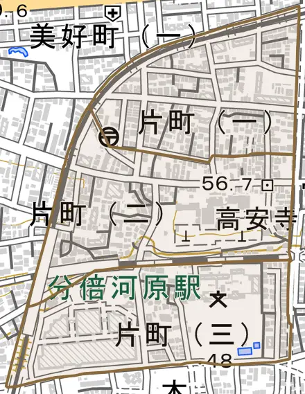 片町とその周辺の地図。町の範囲を重ねている