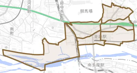 是政とその周辺の地図。町の範囲を重ねている
