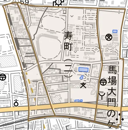 寿町とその周辺の地図。町の範囲を重ねている