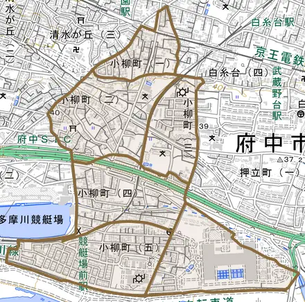小柳町とその周辺の地図。町の範囲を重ねている