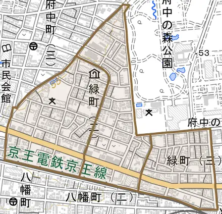 緑町とその周辺の地図。町の範囲を重ねている