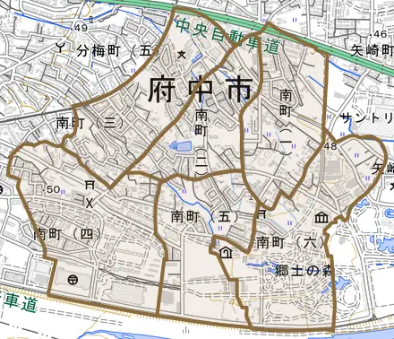 南町とその周辺の地図。町の範囲を重ねている