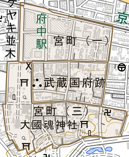 宮町とその周辺の地図。町の範囲を重ねている