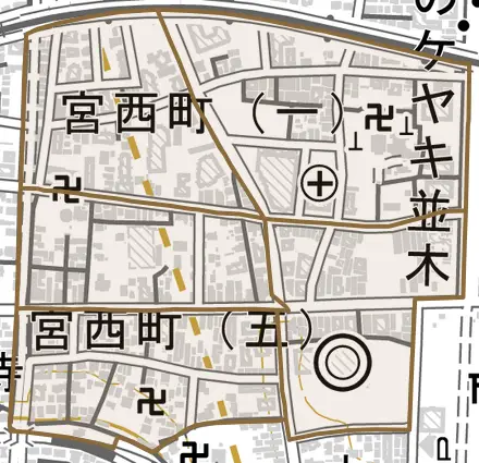 宮西町とその周辺の地図。町の範囲を重ねている