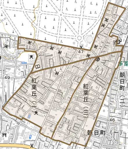 紅葉丘とその周辺の地図。町の範囲を重ねている