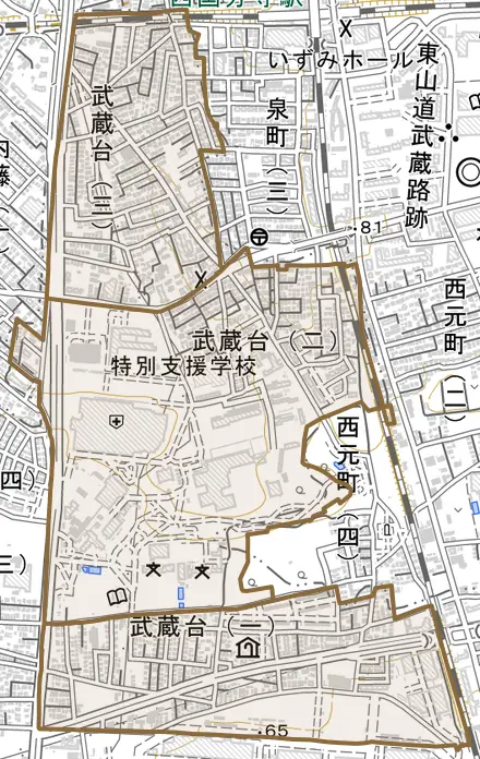 武蔵台とその周辺の地図。町の範囲を重ねている